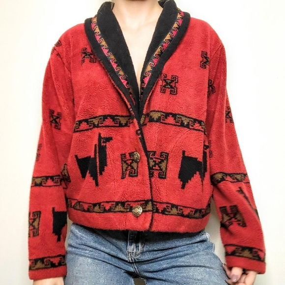 Vintage 90s fleece red Llama print sweater - Picture 2 of 7